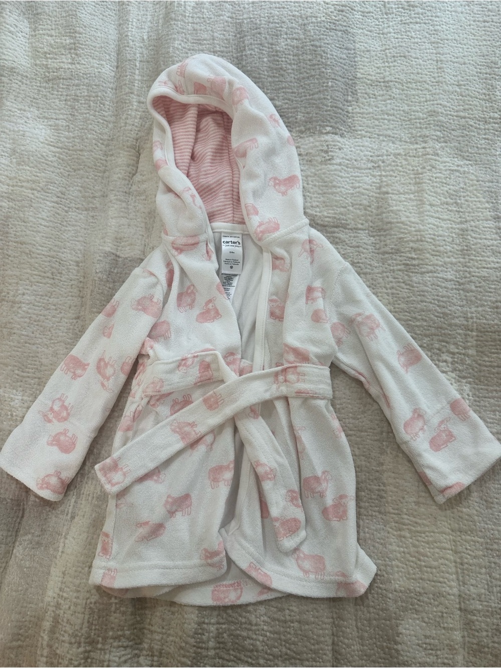 |Carter's| White Hooded Kids Robe with Pink Animal Print